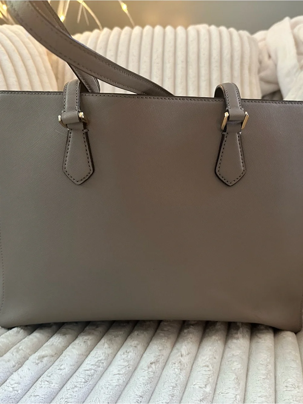 Tory Burch Saffiano Leather Tote in Taupe Gray with Gold Logo
